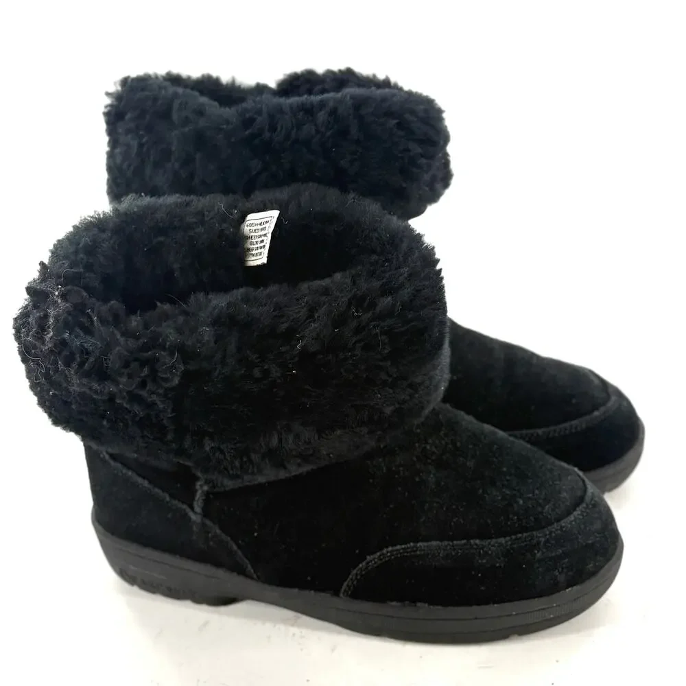Bearpaw Suede Sherpa Boots 8 Black Leather Snow Faux Shearling Ankle Booties